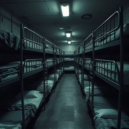 Fotografía de una celda comün sobrepoblada con literas y varios reclusos.