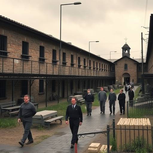 Imagen de un patio de prisión histórico con reclusos caminando y guardias vigilando.