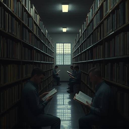 Imagen de una biblioteca dentro de una prisión con estanterías llenas de libros y reclusos leyendo.
