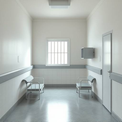 Imagen de una celda moderna, con mobiliario básico y una ventana.